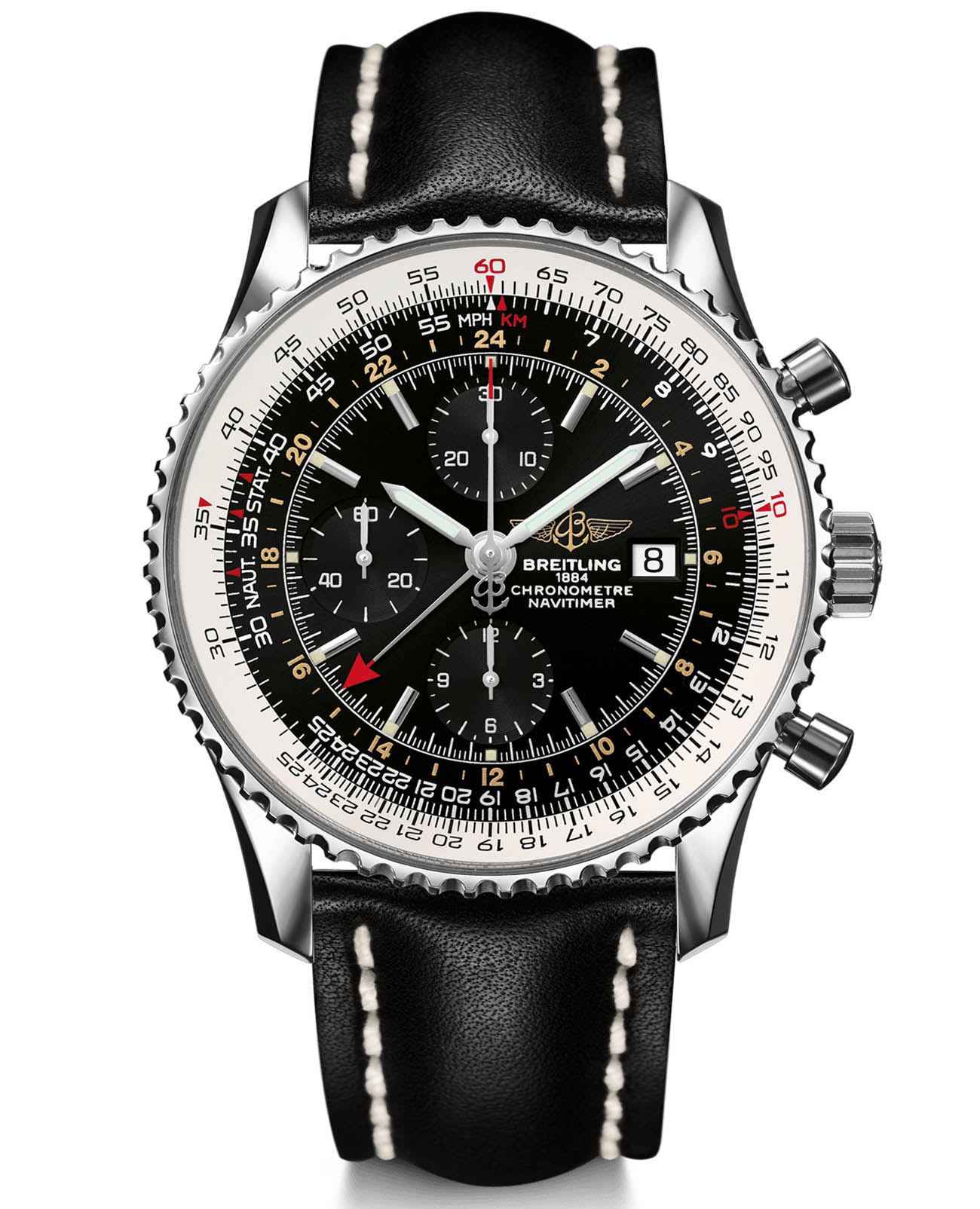 Breitling Breitling Navitimer Chronograph GMT 46 A24322121B1X1  A24322121B1X1 механические мужские часы черный циферблат, браслет кожаный — вид спереди